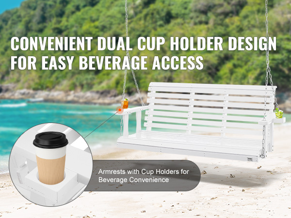 VEVOR wooden porch swing with dual cup holders on a beach backdrop, ideal for beverage convenience.