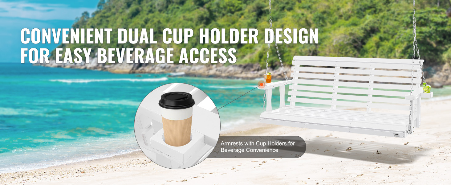 VEVOR wooden porch swing with dual cup holders on a beach backdrop, ideal for beverage convenience.