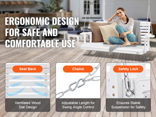 VEVOR wooden porch swing on a deck with ergonomic, ventilated seat, adjustable chains, and safety lock.