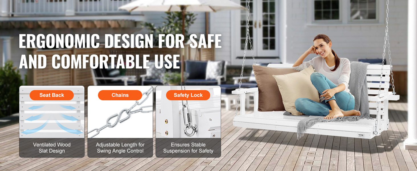 VEVOR wooden porch swing on a deck with ergonomic, ventilated seat, adjustable chains, and safety lock.
