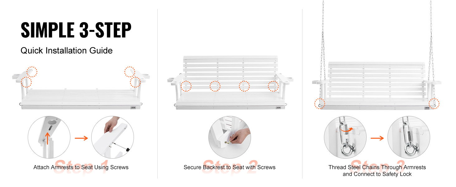 VEVOR wooden porch swing installation steps: attach armrests, secure backrest, and connect chains.