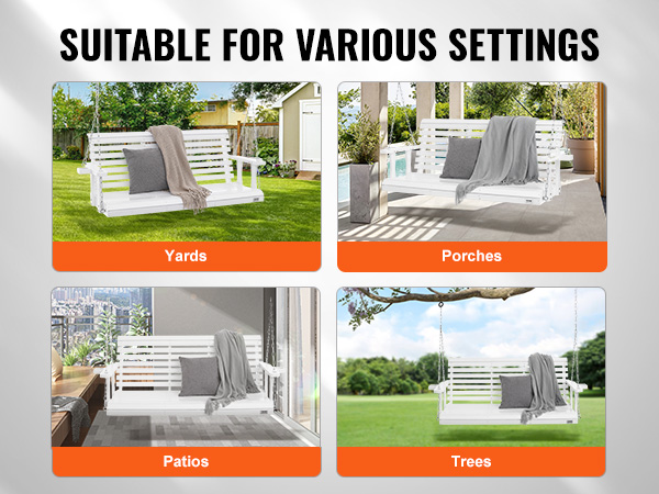 VEVOR wooden porch swing suitable for yards, porches, patios, and trees with a stylish white design.