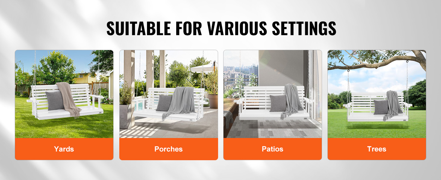 VEVOR wooden porch swing suitable for yards, porches, patios, and trees with a stylish white design.