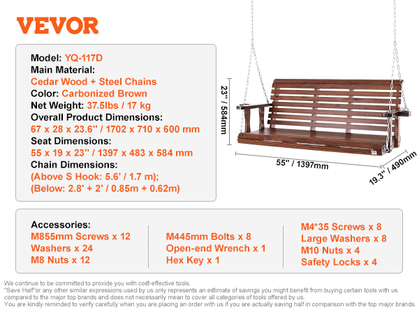 VEVOR wooden porch swing with cedar wood, steel chains, and a carbonized brown finish. dimensions: 67x28x23.6 inches.