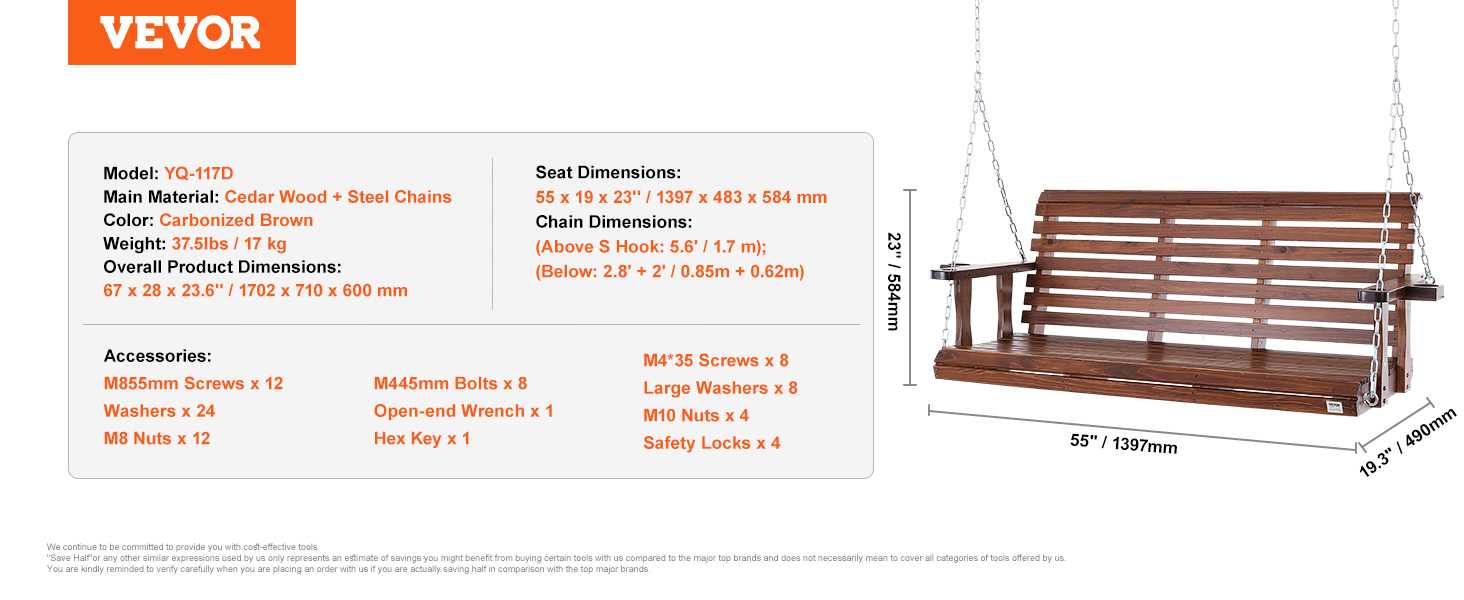 VEVOR wooden porch swing with cedar wood, steel chains, and a carbonized brown finish. dimensions: 67x28x23.6 inches.