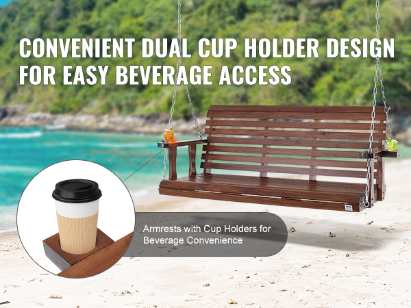 VEVOR wooden porch swing with dual cup holders on a beach, ensuring easy beverage access and comfort.