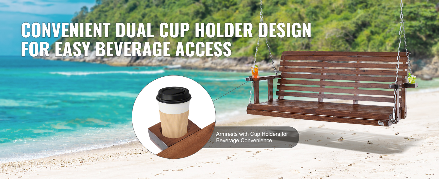 VEVOR wooden porch swing with dual cup holders on a beach, ensuring easy beverage access and comfort.