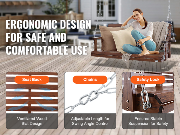VEVOR wooden porch swing with ergonomic design, ventilated wood slat, adjustable chains, safety lock.