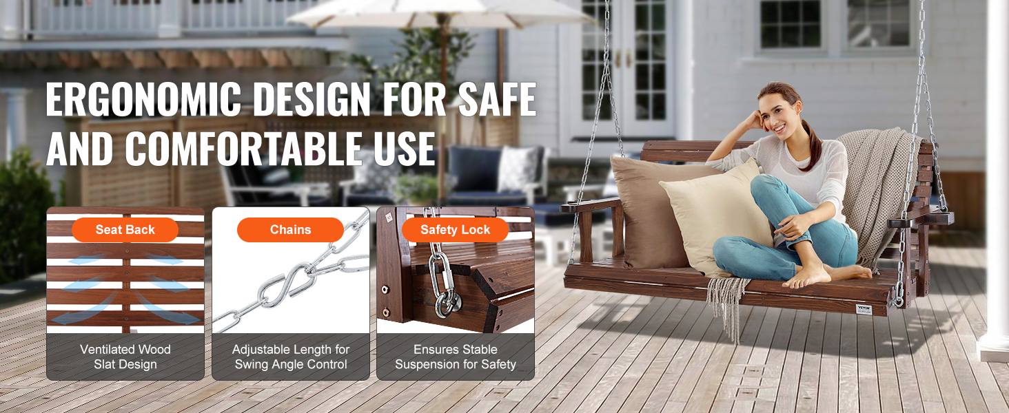 VEVOR wooden porch swing with ergonomic design, ventilated wood slat, adjustable chains, safety lock.
