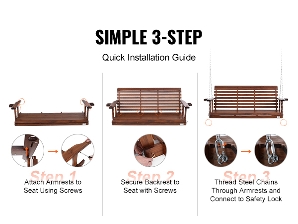 simple 3-step installation of VEVOR wooden porch swing with armrests, backrest, and steel chains setup.