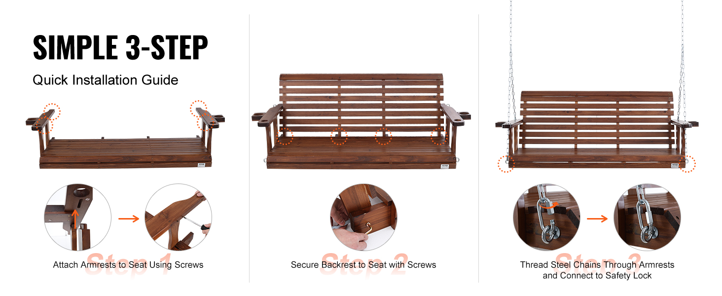 simple 3-step installation of VEVOR wooden porch swing with armrests, backrest, and steel chains setup.