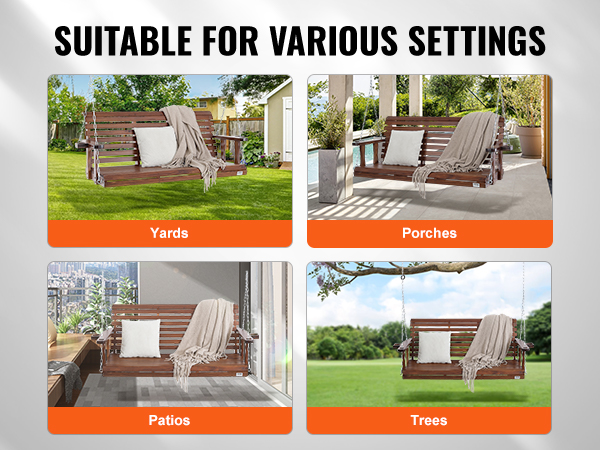 VEVOR wooden porch swing in yards, porches, patios, and on trees with cushions and blankets.