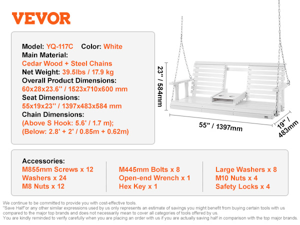 VEVOR wooden porch swing with white cedar wood, steel chains, and accessory details shown. dimensions: 55"x19".