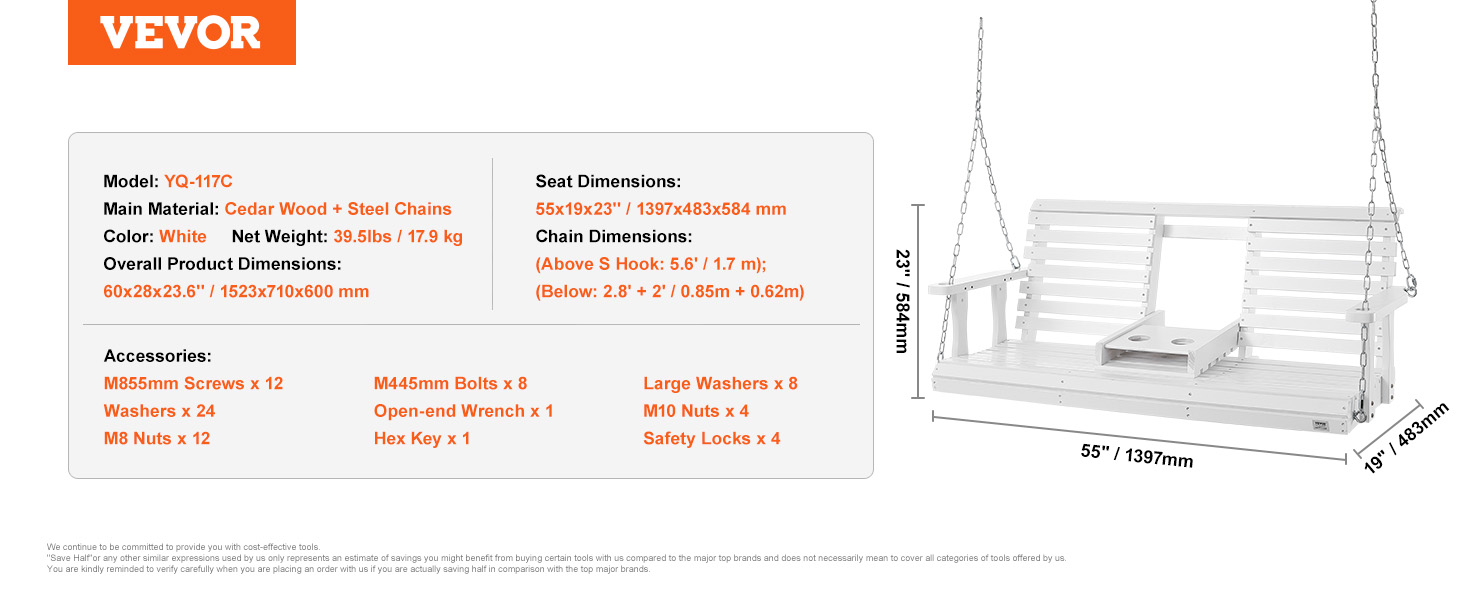 VEVOR wooden porch swing with white cedar wood, steel chains, and accessory details shown. dimensions: 55"x19".