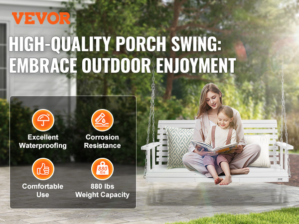 VEVOR wooden porch swing with excellent waterproofing, corrosion resistance, and 880 lbs weight capacity.