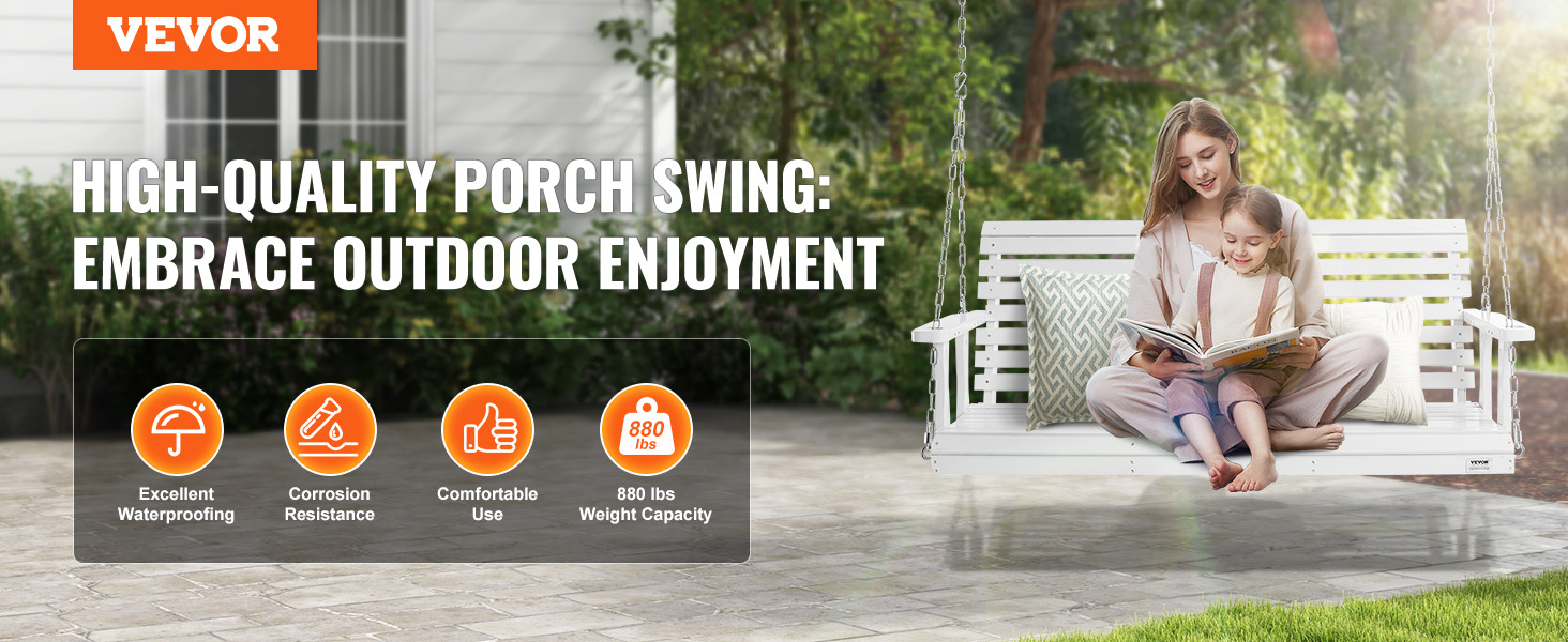 VEVOR wooden porch swing with excellent waterproofing, corrosion resistance, and 880 lbs weight capacity.