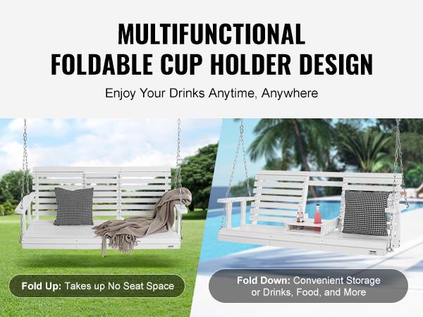 VEVOR wooden porch swing with foldable cup holder, cushions, blanket, and a garden and pool backdrop.