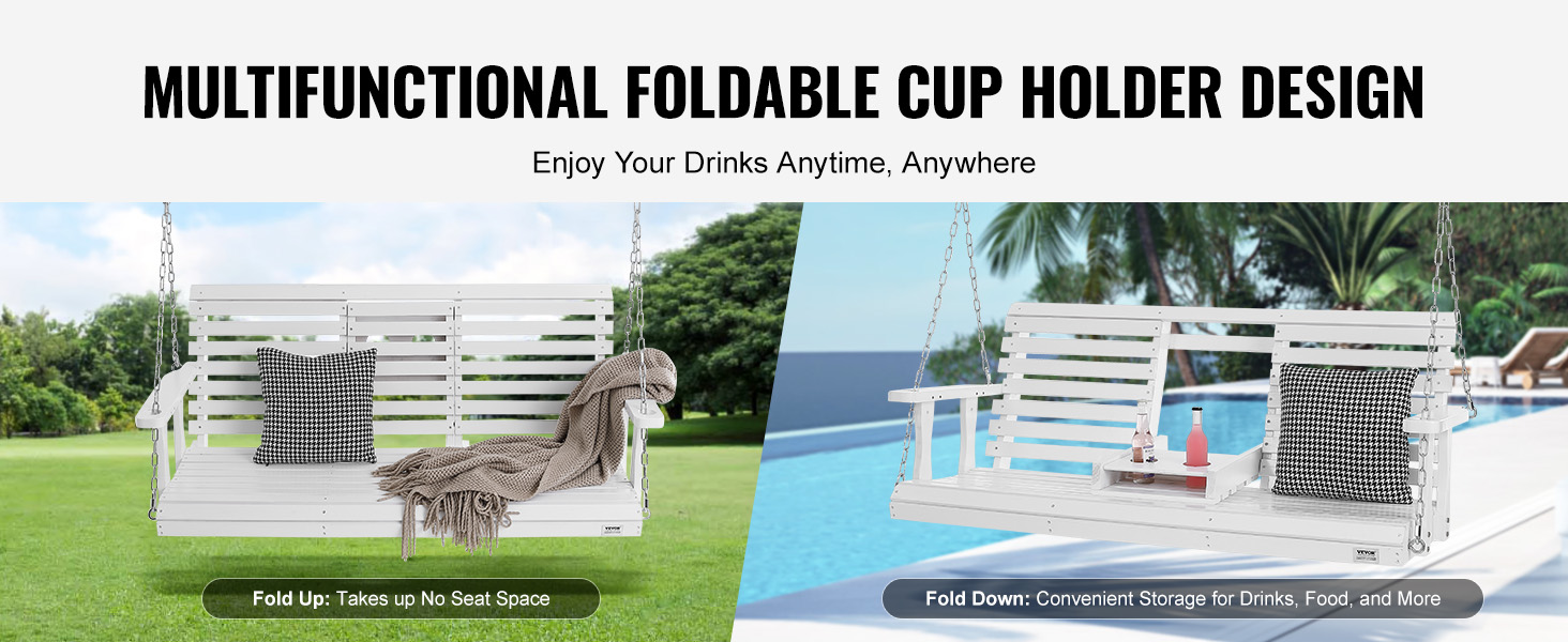 VEVOR wooden porch swing with foldable cup holder, cushions, blanket, and a garden and pool backdrop.