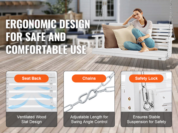 VEVOR wooden porch swing with ergonomic design, ventilated wood slat, adjustable chains, and safety lock.
