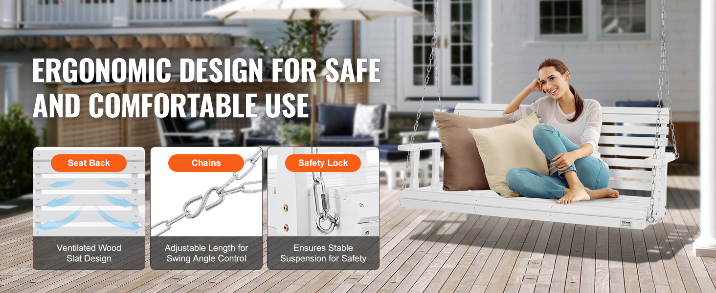 VEVOR wooden porch swing with ergonomic design, ventilated wood slat, adjustable chains, and safety lock.