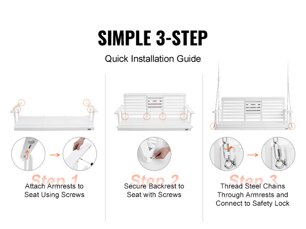 simple 3-step guide to assemble VEVOR wooden porch swing: attach armrests, secure backrest, connect chains.