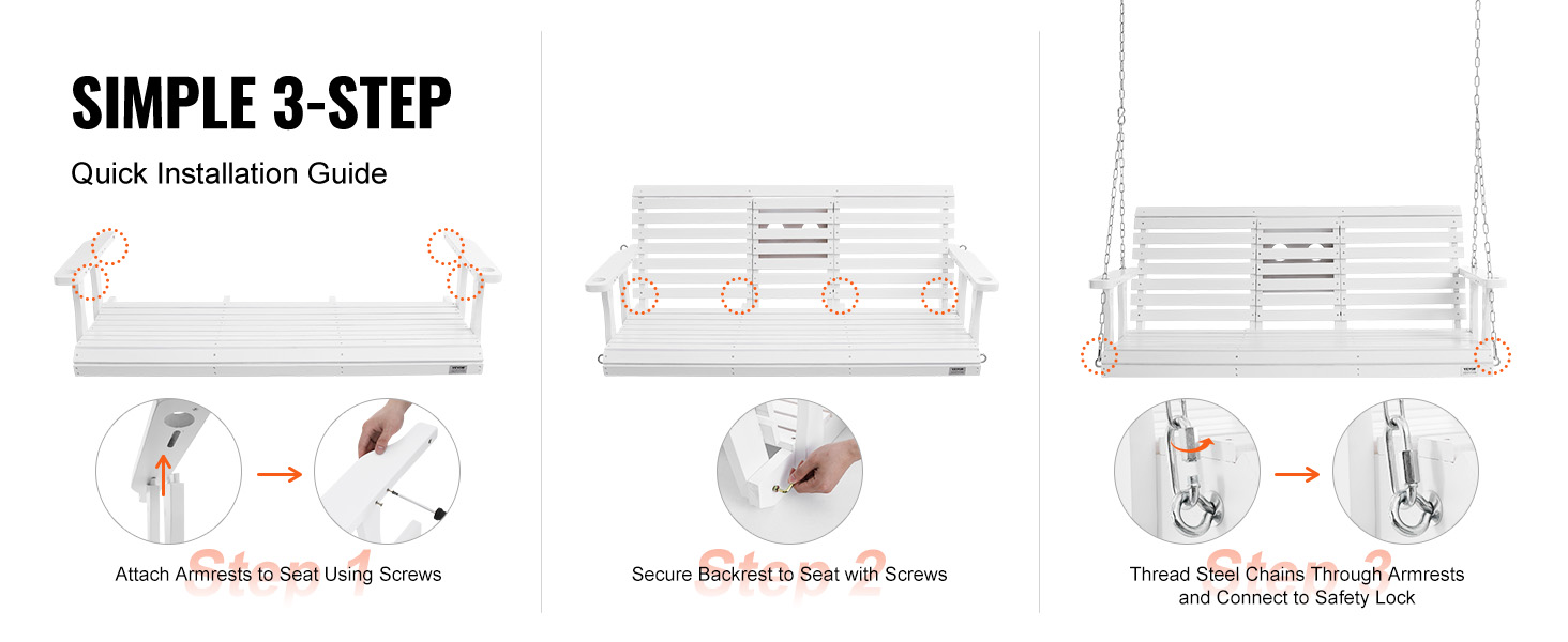 simple 3-step guide to assemble VEVOR wooden porch swing: attach armrests, secure backrest, connect chains.