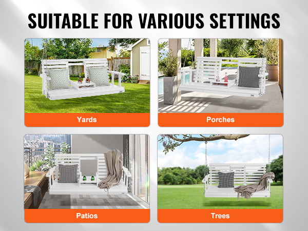 VEVOR wooden porch swing shown in various settings: yards, porches, patios, and trees.
