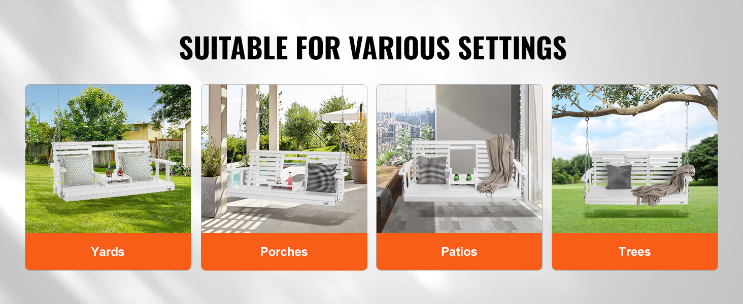 VEVOR wooden porch swing shown in various settings: yards, porches, patios, and trees.