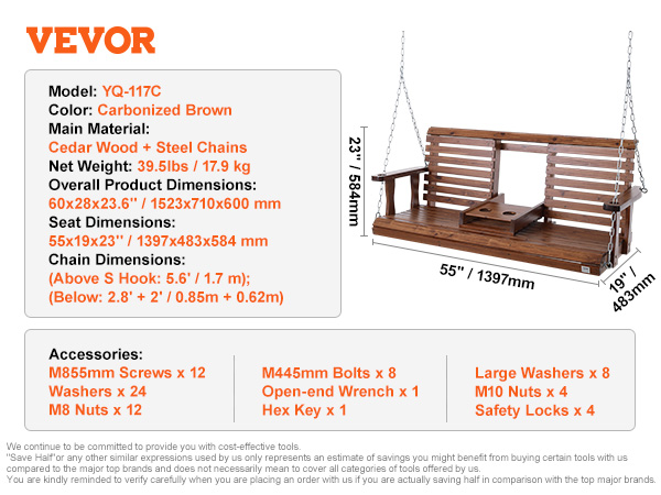VEVOR wooden porch swing in carbonized brown, cedar wood with steel chains, 55-inch seat and holder.