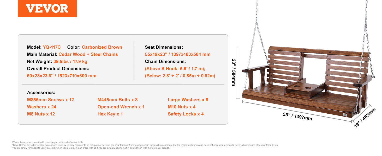 VEVOR wooden porch swing in carbonized brown, cedar wood with steel chains, 55-inch seat and holder.