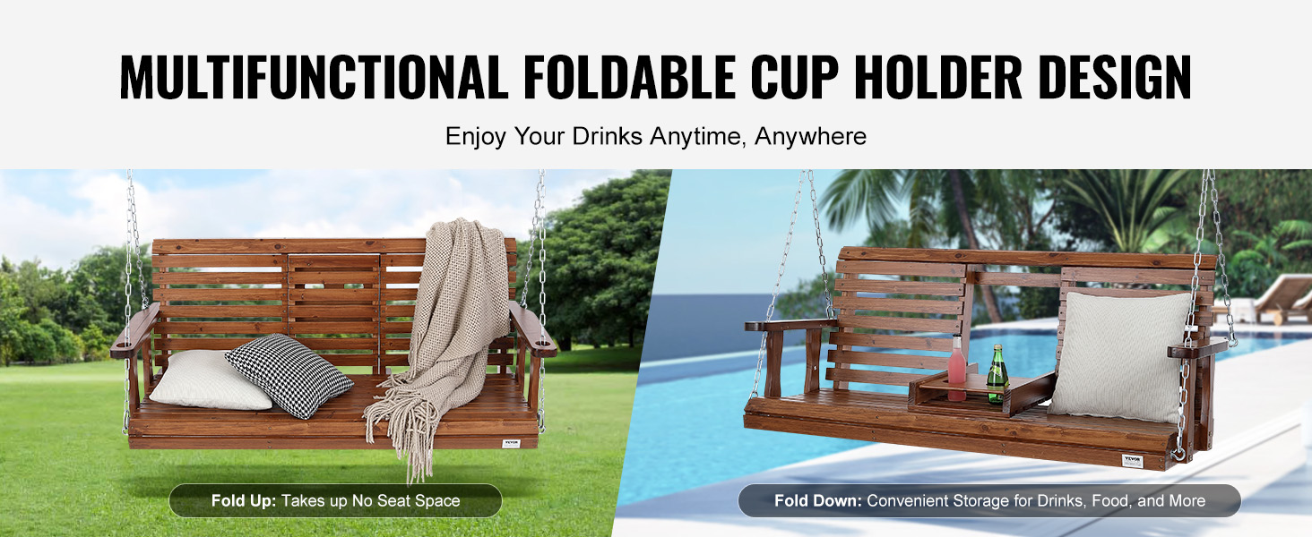 VEVOR wooden porch swing with foldable cup holder, decorative cushions, blanket, and backyard views.