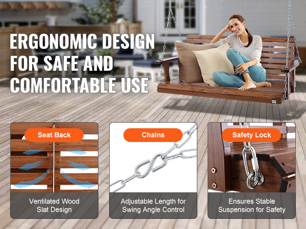 VEVOR wooden porch swing featuring a ventilated wood slat design, adjustable chains, and safety lock.