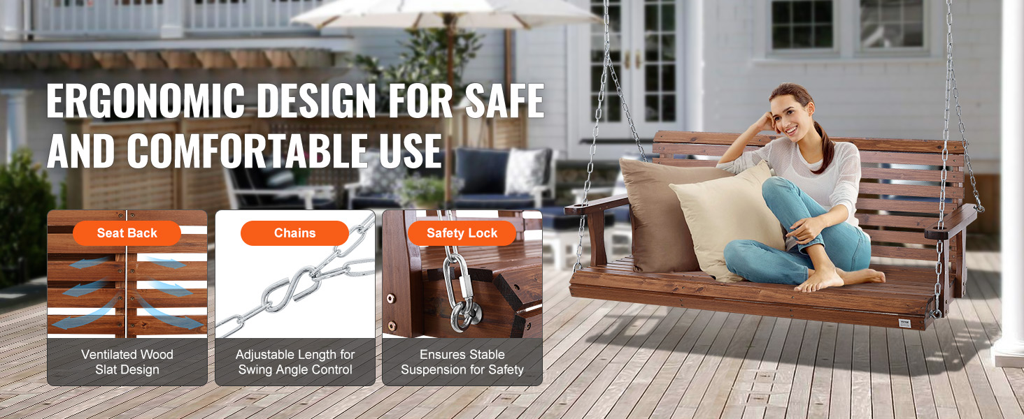VEVOR wooden porch swing featuring a ventilated wood slat design, adjustable chains, and safety lock.