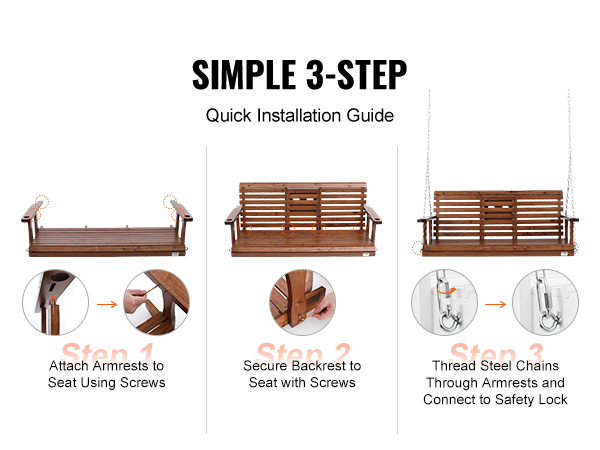 VEVOR wooden porch swing installation in 3 steps: attach armrests, secure backrest, thread chains.