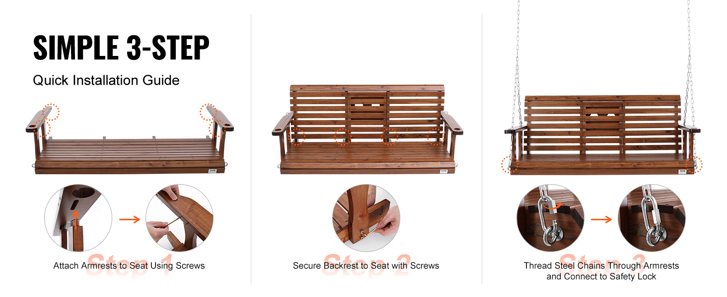 VEVOR wooden porch swing installation in 3 steps: attach armrests, secure backrest, thread chains.