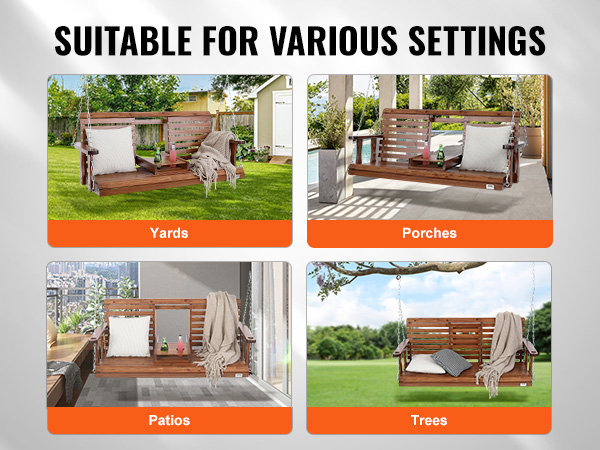 VEVOR wooden porch swing in various settings: yards, porches, patios, and trees for versatile relaxation.