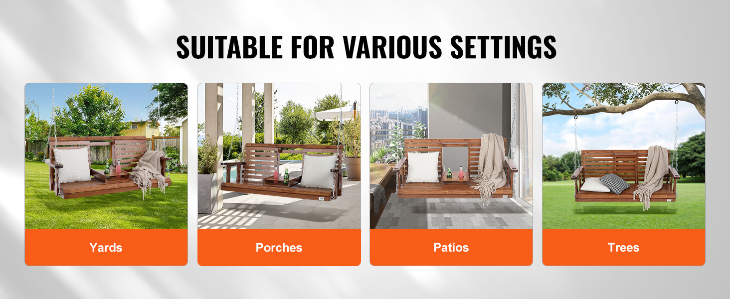 VEVOR wooden porch swing in various settings: yards, porches, patios, and trees for versatile relaxation.