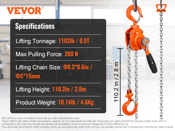 VEVOR manual lever chain hoist, 0.5t capacity, 110.2in lifting height in a workshop with specifications.