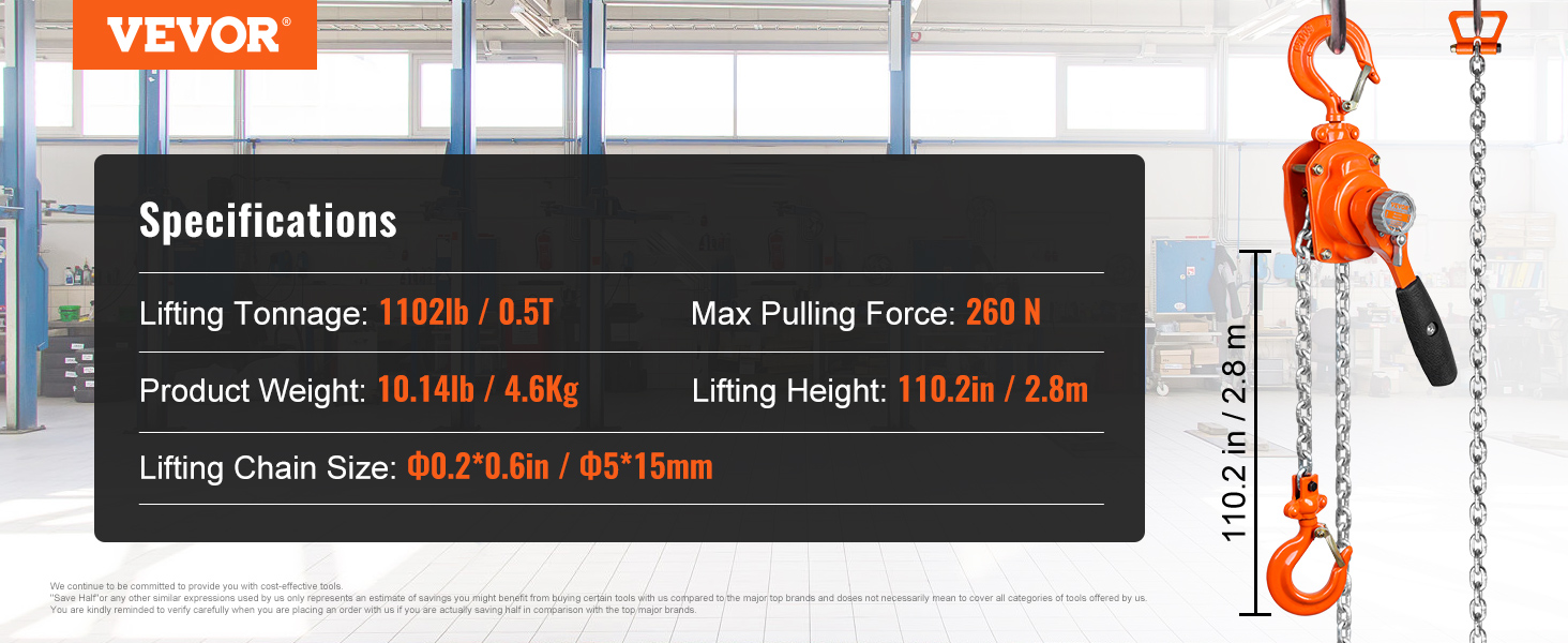 VEVOR manual lever chain hoist, 0.5t capacity, 110.2in lifting height in a workshop with specifications.