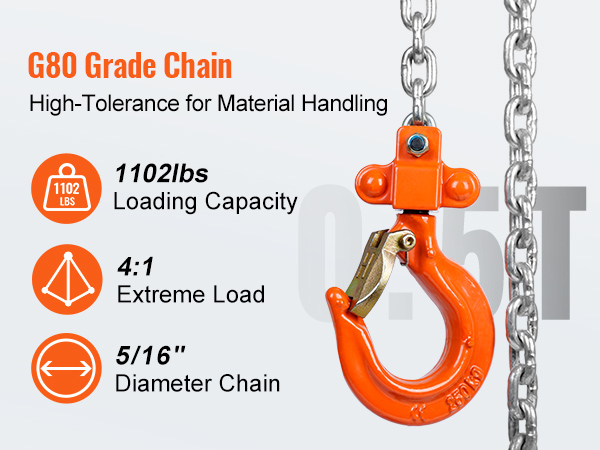g80 grade chain, 1102lbs load, 4:1 extreme, 5/16" diameter - VEVOR manual lever chain hoist.