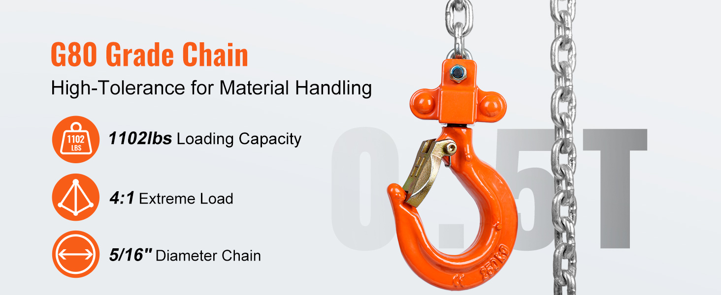 g80 grade chain, 1102lbs load, 4:1 extreme, 5/16" diameter - VEVOR manual lever chain hoist.