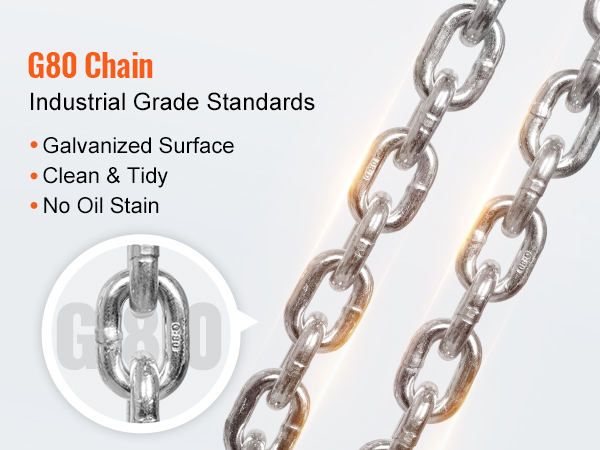 g80 chain with galvanized surface, clean and tidy, no oil stain. VEVOR manual lever chain hoist compliant.