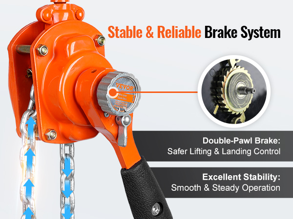 VEVOR manual lever chain hoist showcasing a stable and reliable brake system with double-pawl brake and excellent stability.