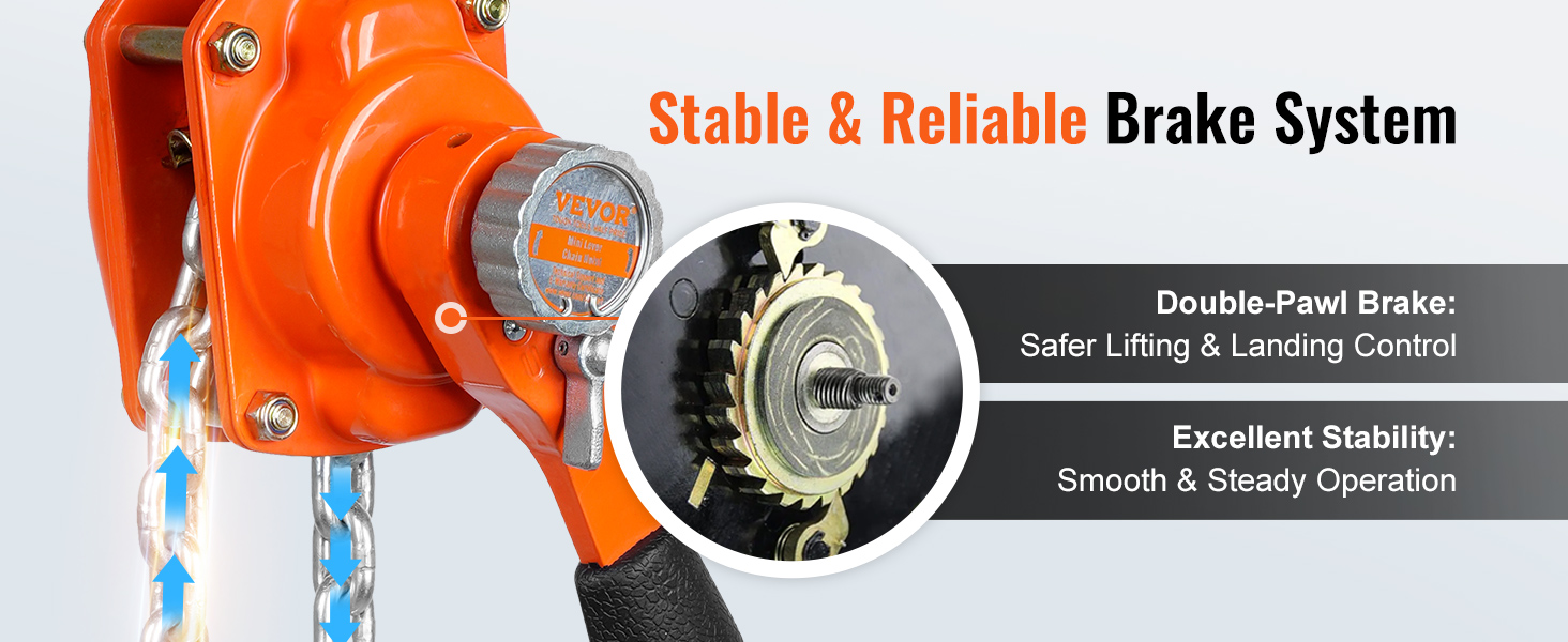 VEVOR manual lever chain hoist showcasing a stable and reliable brake system with double-pawl brake and excellent stability.