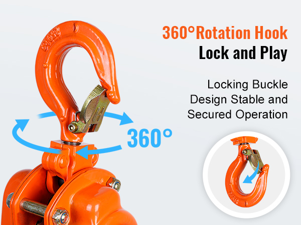 360° rotation hook with locking buckle design on VEVOR manual lever chain hoist for stable operation.