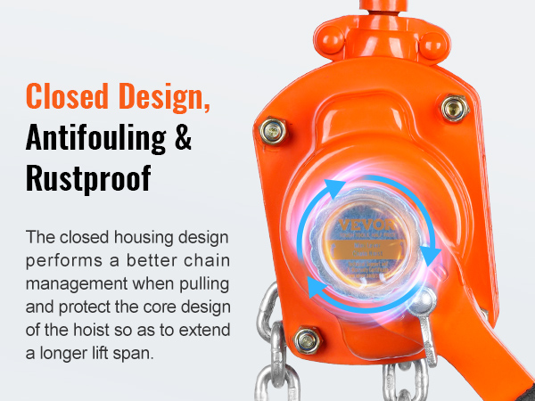 closed design antifouling rustproof VEVOR manual lever chain hoist with better chain management.