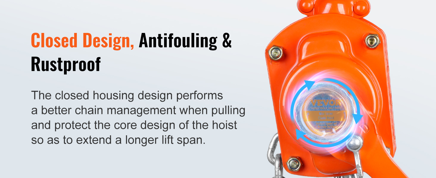 closed design antifouling rustproof VEVOR manual lever chain hoist with better chain management.