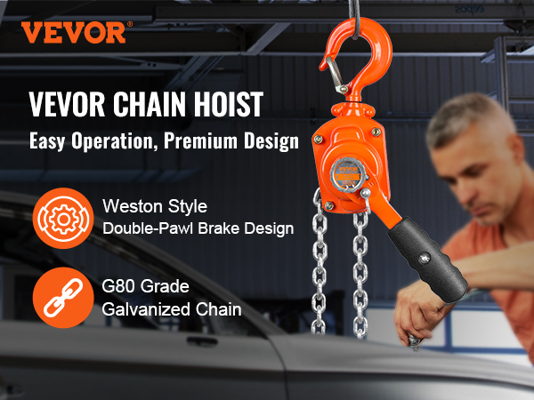 VEVOR manual lever chain hoist with weston style brake, g80 galvanized chain for easy operation.