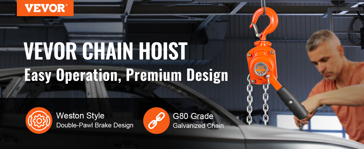 VEVOR manual lever chain hoist with weston style brake, g80 galvanized chain for easy operation.