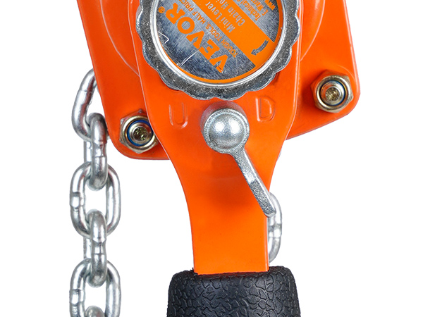 bright orange VEVOR manual lever chain hoist handle with black grip and visible metal chain.